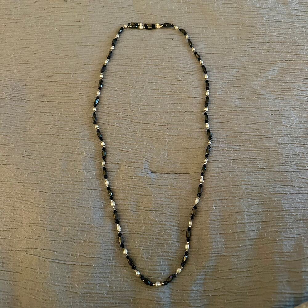 Vintage Black Beaded & Faux Pearl Magnetic Choker Necklace - Convertible Design - Picture 6 of 6